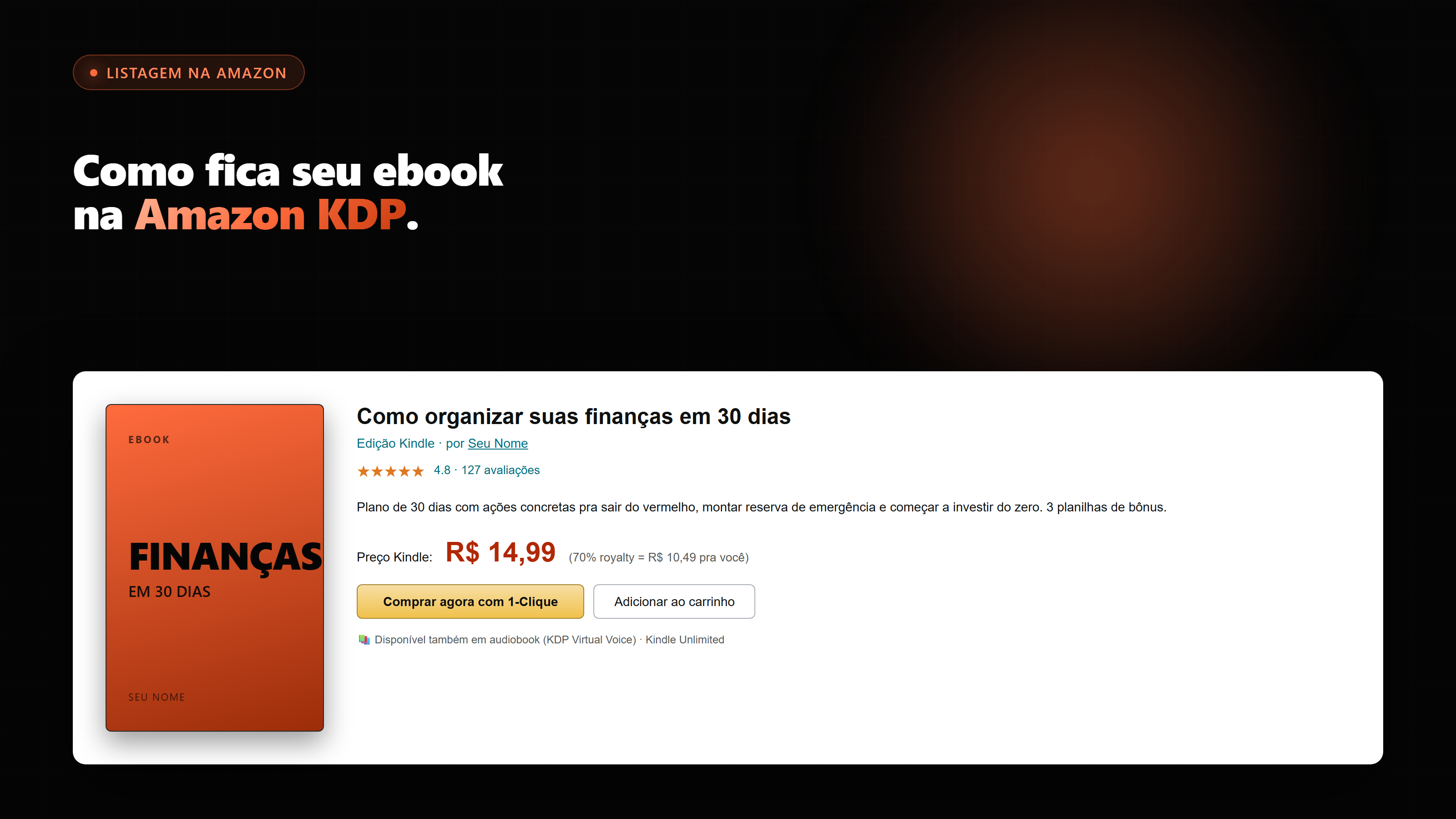 Mock de listagem do ebook na Amazon KDP — capa, título, descrição, estrelas, preço